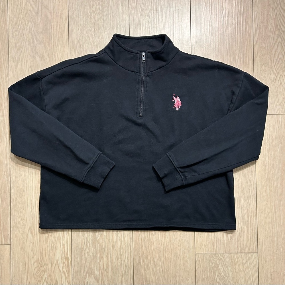 U.S. Polo Assn. Women's Black Cropped Quarter Zip Fleece Pullover Hoodie